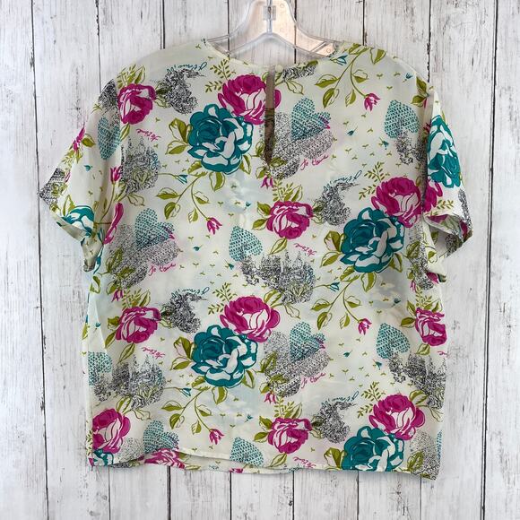 VTG Clio Pink Teal Rose Floral Printed 100% Silk Short Sleeve Blouse Size Medium - Picture 7 of 10